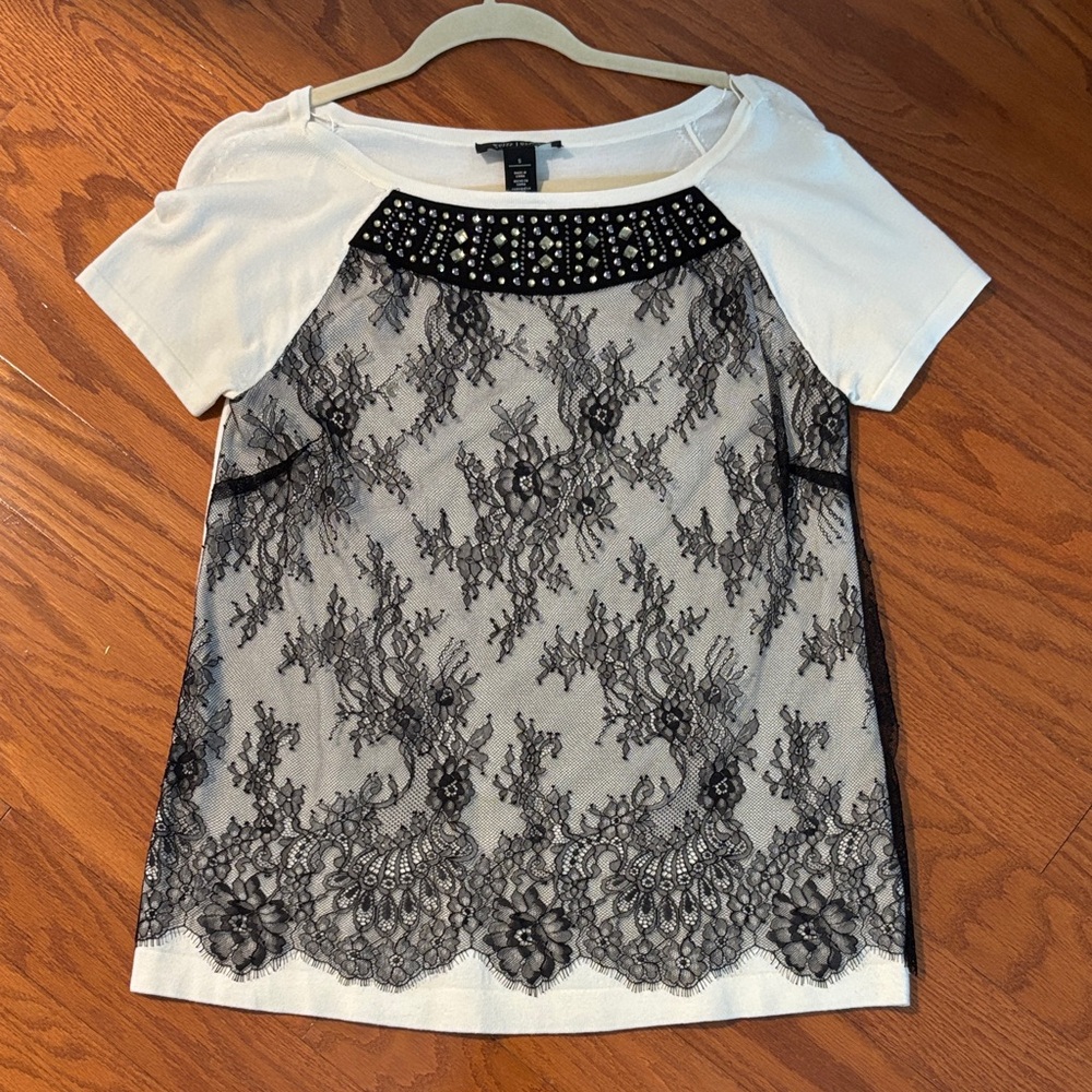 WHBM Women's Black and White Lace Top